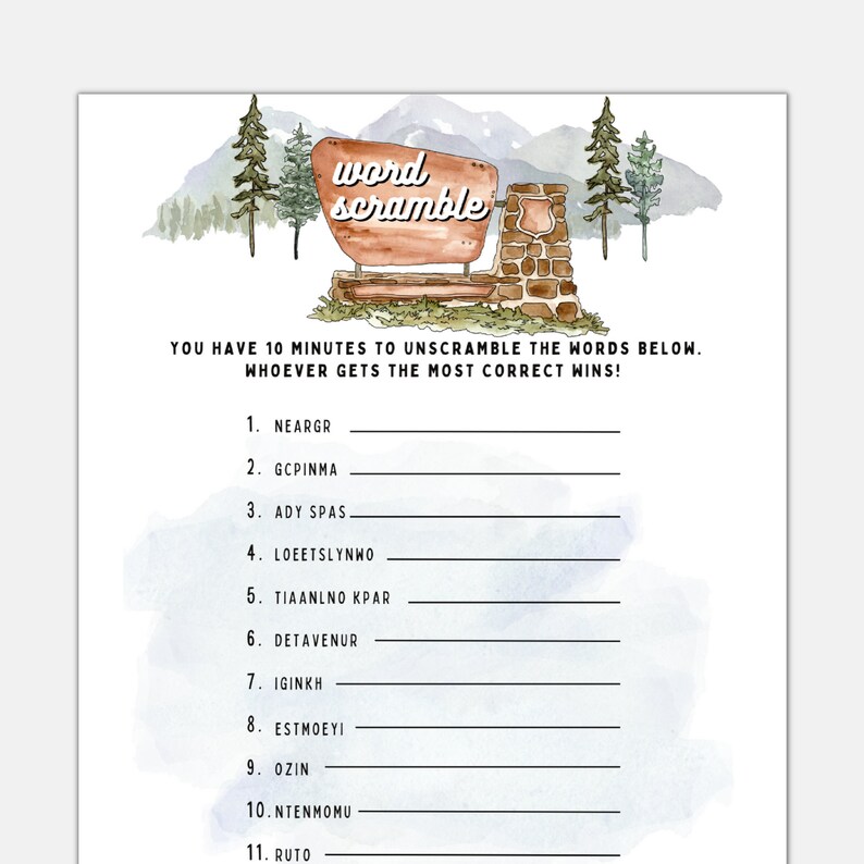 Printable Word Scramble Game National Park Theme Baby Shower Game ...