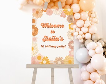 Modèle modifiable de plaque de bienvenue d'anniversaire rétro Daisy, fête d'anniversaire groovy plaque de bienvenue Boho Daisy, affiche de bienvenue, décoration d'anniversaire fille bohème