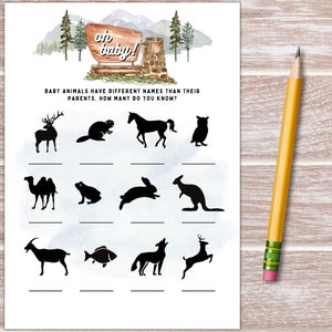 May include: A printable baby shower game with a woodland theme. The game asks guests to identify the baby names of different animals. The text reads "Oh baby!" and "Baby animals have different names than their parents. How many do you know?"