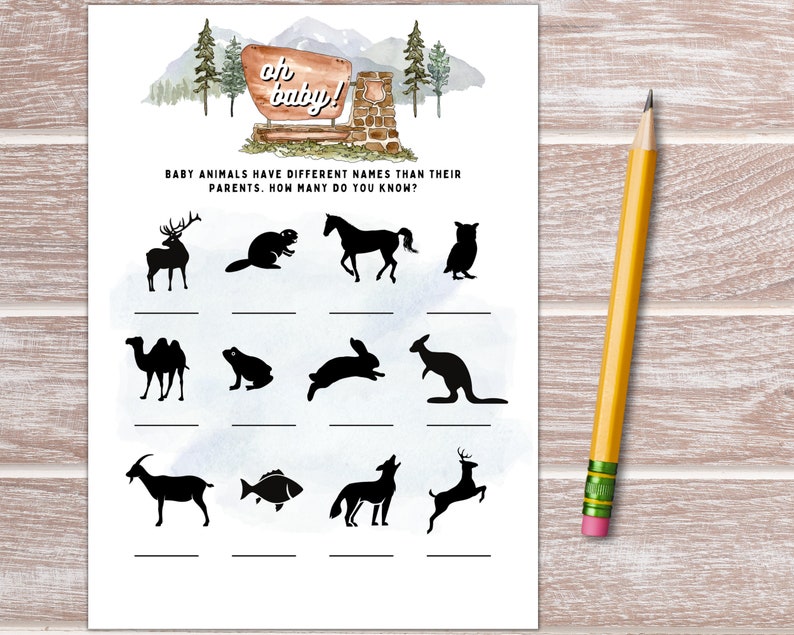 May include: A printable baby shower game with a woodland theme. The game asks guests to identify the baby names of different animals. The text reads "Oh baby!" and "Baby animals have different names than their parents. How many do you know?"