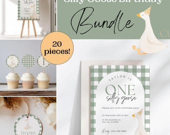 One Silly Goose Birthday Bundle Sage Green Goose 1st Birthday Decor Printable Silly Goose Birthday Party Ideas Gender Neutral First Birthday