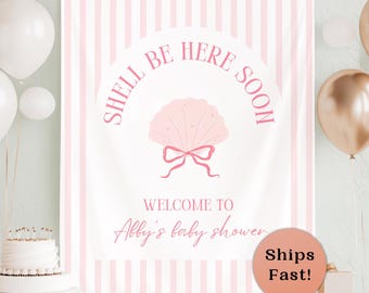 Shell Be Here Soon Baby Shower Banner Sea You Soon Hanging Backdrop Pink Shell Fabric Welcome Sign Sea Shell Tapestry Coastal Beach Decor