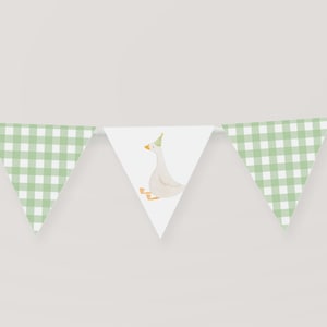 Può includere: Una ghirlanda di bandierine decorative. Le bandierine alternano tra un motivo a quadri vichy verde chiaro e bianco e una bandierina bianca con un'illustrazione ad acquerello di un'oca con un cappello da festa. L'oca è beige chiaro con zampe e becco arancioni.