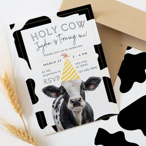 Editable Holy Cow Birthday Invitation Holy Cow I&#39;m One Evite Boy 1st Birthday Invitation Cow Print Editable Invitation Farm Birthday Party
