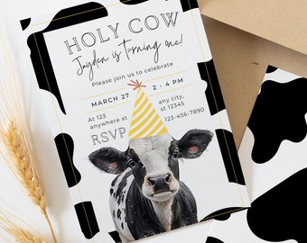 Editable Holy Cow Birthday Invitation Holy Cow I'm One Evite Boy 1st Birthday Invitation Cow Print Editable Invitation Farm Birthday Party