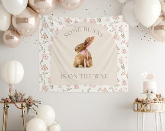 Some Bunny Is On The Way Banner Spring Baby Shower Ideas Photo Backdrop Bunny Baby Shower Wall Tapestry Coquette Wall Decor For Baby Shower