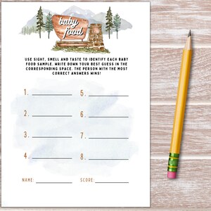 May include: A printable baby food guessing game with a watercolor background and a sign that says "baby food". The game has eight blank lines for players to write down their guesses.
