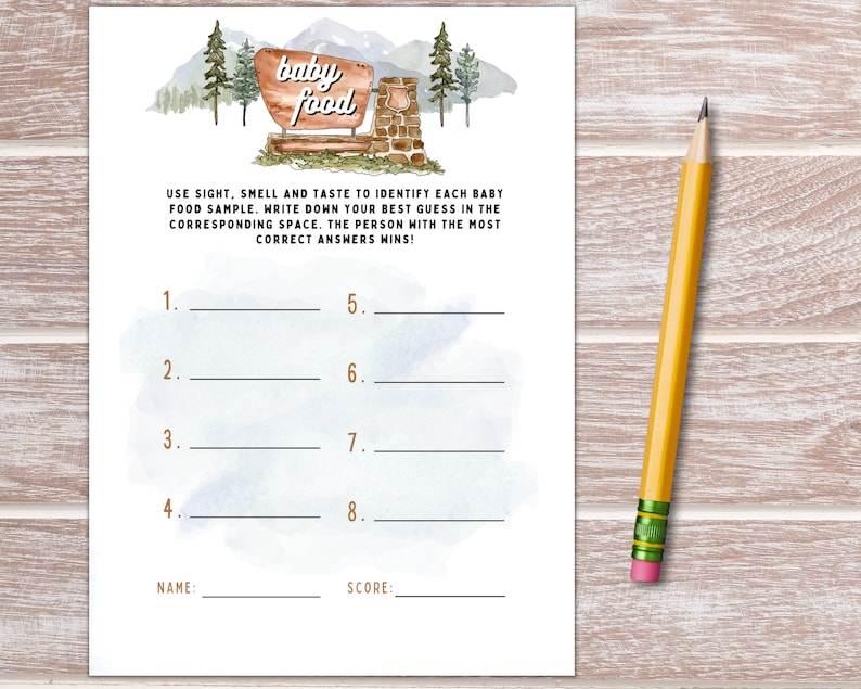 May include: A printable baby food guessing game with a watercolor background and a sign that says "baby food". The game has eight blank lines for players to write down their guesses.