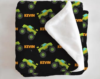 Monster Truck Blanket Custom Name Monster Jam Birthday Gift for Boy Toddler Car Blanket With Name Black Blanket Monster Truck Theme Birthday