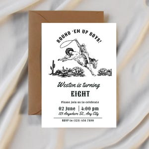 Modello di invito per festa di compleanno da cowboy modificabile Invito per compleanno western per ragazzo Invito per rodeo roping Idee per compleanno a tema western moderno per ragazzo