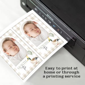 May include: Two printable cards with a gingham background and a photo frame. The cards feature a baby sleeping and a duck with balloons. The text on the cards reads "Month Two".