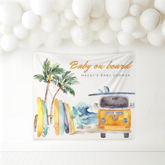 Baby On Board Baby Shower Theme Banner Surf Baby Shower Wall Decor Beach Theme Photo Backdrop Summer Shower Surfboard Baby Decor Coastal B18