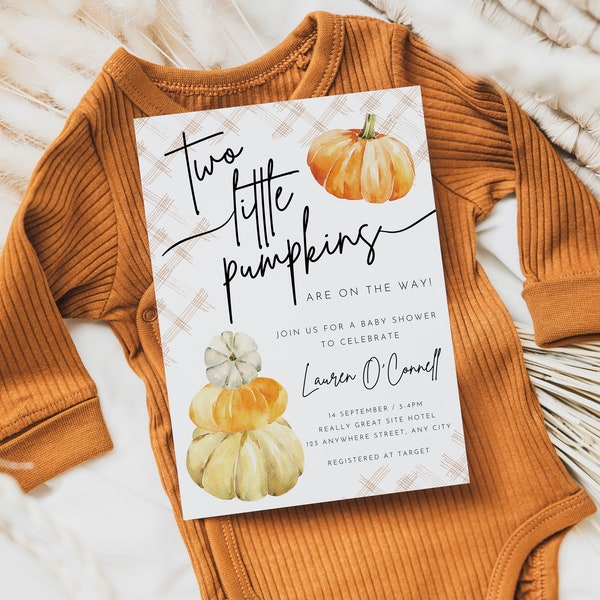 Editable Two Little Pumpkins Baby Shower Invitation Twins Baby Shower Invite Two Little Pumpkins Are On The Way Fall Baby Shower Neutral