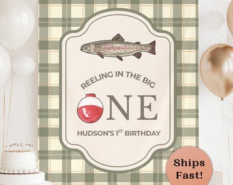 Fishing 1st Birthday Banner Reeling In The Big One Cake Smash Hanging Backdrop One Year Old Boy Bday Decor Trout Fishing Wall Tapestry