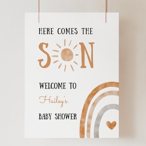 Editable Here Comes the Son Baby Shower Welcome Sign, Three Sizes, Sunshine Baby Shower, Boho Sun Baby Shower Welcome Poster