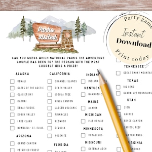 National Parks Visited Game Checklist, National Park Shower Game, Editable Template, Adventure Awaits, Instant Download, Adventure Wedding