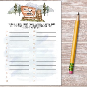 May include: A printable baby shower game with a woodland theme. The game is called "Baby Hive" and instructs players to fill in each space with a baby product that begins with that letter. The first person to finish wins.