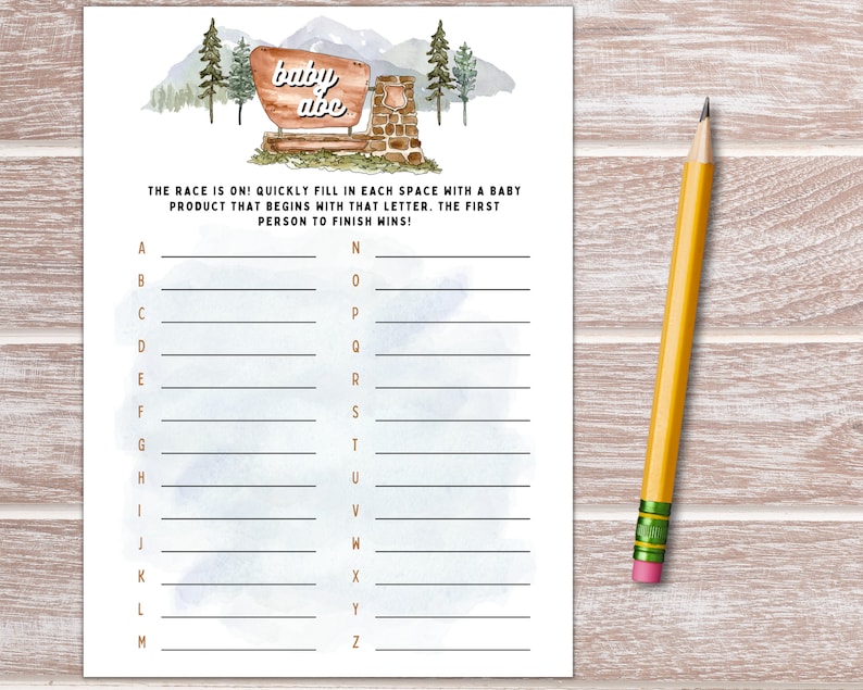 May include: A printable baby shower game with a woodland theme. The game is called "Baby Hive" and instructs players to fill in each space with a baby product that begins with that letter. The first person to finish wins.