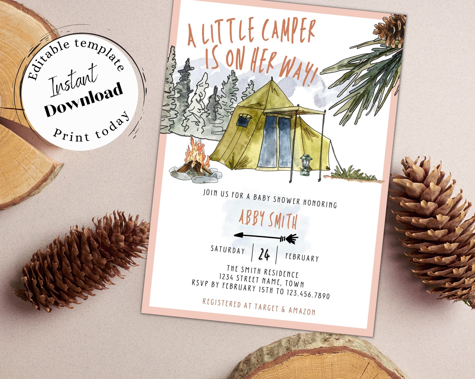 Editable Camping Baby Shower Invitation Girl Camping Baby Etsy