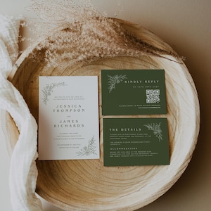 May include: Green and white wedding invitation cards with floral designs. The cards include the names Jessica Thompson and James Richards, the date and time of the wedding, and the location. The RSVP card includes a QR code.