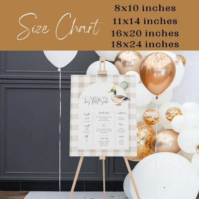 May include: A printable sign for a baby's first birthday party. The sign is decorated with a brown and white gingham pattern and features a cartoon duck with a party hat. The sign includes the baby's name, "Carson", and a list of milestones for the first year of life. The sign is available in four sizes: 8x10 inches, 11x14 inches, 16x20 inches, and 18x24 inches.