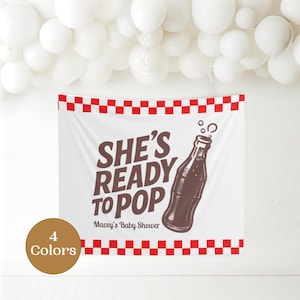 She&#39;s Ready to Pop Baby Shower Backdrop 50s Diner Baby Shower Party Decorations Retro Soda Baby Shower Custom Banner Gender Neutral Shower