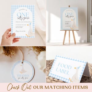 May include: A set of printable party decorations featuring a blue and white gingham pattern with a cartoon goose wearing a party hat. The text on the decorations reads "One Silly Goose" and "Thanks you silly goose".
