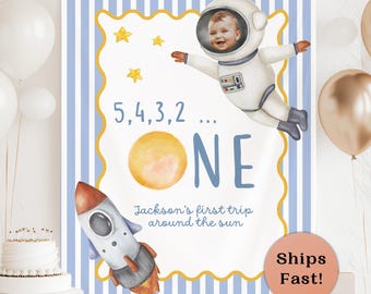 Space 1st Birthday Banner Personalized First Trip Around The Sun Astronaut Backdrop Custom Space First Bday Cake Smash Decor Galaxy