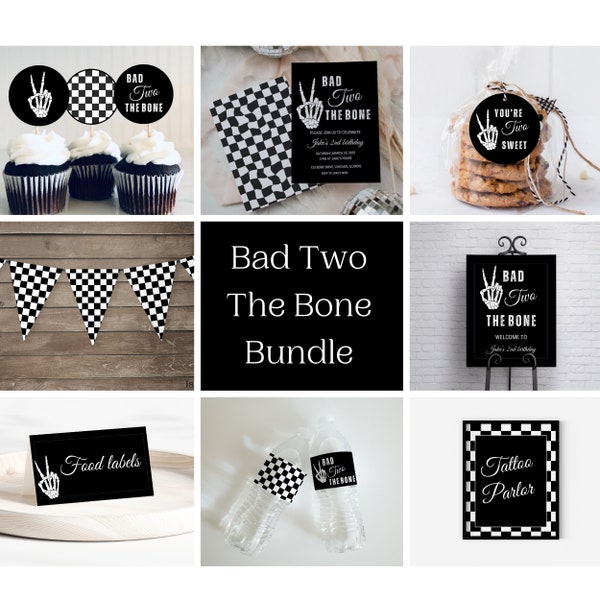 Bad Two The Bone Bundle 2nd Birthday Boy Decor Set Bad 2 The Bone Invitation Boy 2nd Birthday Ideas  Biker Theme Birthday Born To Be Wild