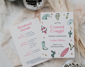 Editable Coastal Cowgirl Bachelorette Party Invitation Itinerary Bachelorette Weekend Invite Beach Hen Party Ideas Cowgirl Bach Itinerary