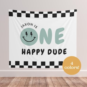 One Happy Dude Birthday Backdrop First Birthday Photo Backdrop Personalized Retro Smiley Face 1st Birthday Custom Banner Boy Checker Print