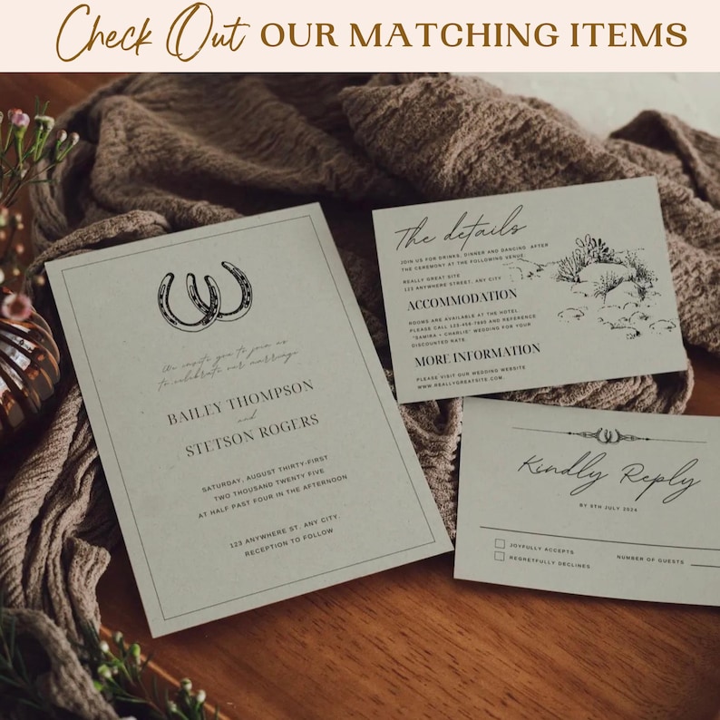 K&ouml;nnte beinhalten: Eine rustikale Hochzeitseinladungssuite mit gr&uuml;nem Hintergrund und schwarzem Text. Die Haupteinladung zeigt ein Hufeisen-Design und den Text "Bailey Thompson und Stetson Rogers". Die Detailkarte enth&auml;lt Informationen &uuml;ber die Zeremonie und den Empfang, und die RSVP-Karte hat die &Uuml;berschrift "Bitte antworten".