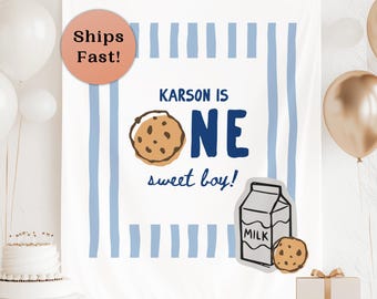 One Sweet Boy Birthday Banner Milk and Cookies 1st Birthday Decoration Chocolate Chip Cookie Bday Photo Backdrop Boy First Birthday