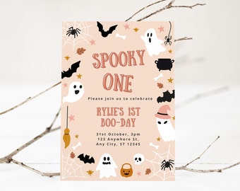 Editable Halloween First Birthday Invitation Pink Spooky One Birthday Invite Girl Halloween Birthday Ideas First Birthday Girl Ghosts