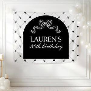 Coquette Bow 30th Birthday Banner Black Ribbon Birthday Girl Wall Decor Personalized Elegant Bow Theme Birthday Decor For Her Luxe Party