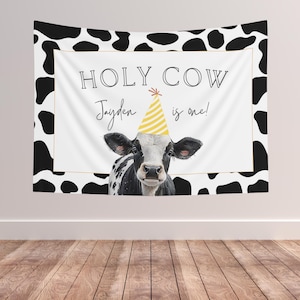 Holy Cow 誕生日背景 パーソナライズされた Holy Cow I&#39;m One サイン 牛 1歳の誕生日デコレーション 男の子 1歳の誕生日 写真小道具 牛プリント背景デコレーション