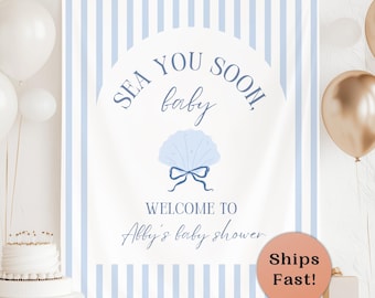 Sea You Soon Baby Shower Banner Ocean Theme Hanging Backdrop Coastal Baby Shower Fabric Welcome Sign Blue Sea Shell Tapestry Beach Decor