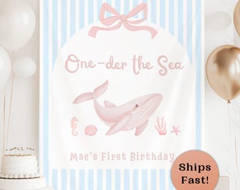 Oneder The Sea First Birthday Party Banner Sea 1st Bday Cake Smash Decor One Year Girl Ocean Birthday Backdrop Pink Nautical Birthday B66