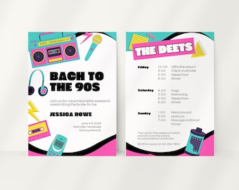 Editable Colorful Bach to the 90s Bachelorette Party Invitation Itinerary Template Retro Bachelorette Party 90s Weekend Invite Throwback