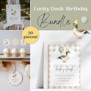 May include: A printable party bundle for a first birthday with a lucky duck theme. The bundle includes a welcome sign, invitations, cupcake toppers, thank you tags, and other decorations. The design features a cute cartoon duck with a party hat and balloons, and a gingham pattern in beige and white.