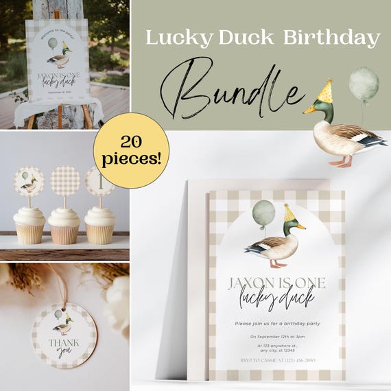 One Lucky Duck First Birthday Bundle Mallard Duck 1st Birthday Decor Printable Lucky Duck Birthday Party Ideas Gender Neutral First Birthday