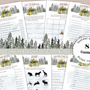 Printable Camping Baby Shower Game Bundle, Instant Download, Adventure Awaits Baby Shower, Woodland Baby Shower