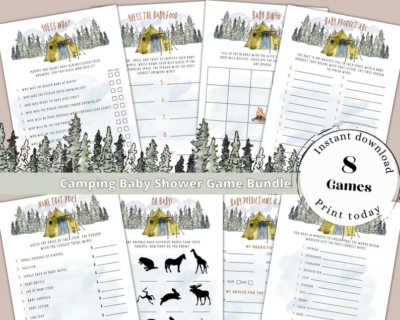 Printable Camping Baby Shower Game Bundle Instant Download Etsy Canada