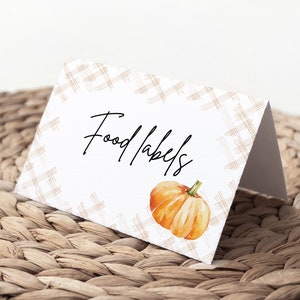 Etiquetas editables de comida de Baby Shower de calabaza Etiquetas de comida de calabaza pequeña Tarjetas de tienda de campaña de calabaza Decoraciones de baby shower de calabaza Baby Shower de otoño niño