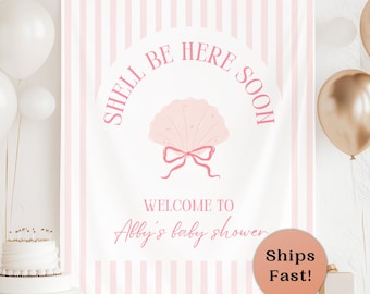 Shell Be Here Soon Baby Shower Banner Sea You Soon Hanging Backdrop Pink Shell Fabric Welcome Sign Sea Shell Tapestry Coastal Beach Decor