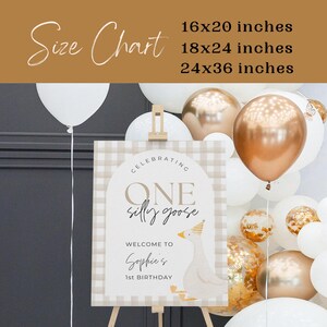 May include: A beige and white gingham welcome sign with a brown circle that says "Celebrating One Silly Goose" with a cartoon goose illustration. The sign also says "Welcome to Sophie's 1st Birthday".