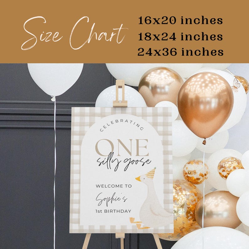 May include: A beige and white gingham welcome sign with a brown circle that says "Celebrating One Silly Goose" with a cartoon goose illustration. The sign also says "Welcome to Sophie's 1st Birthday".