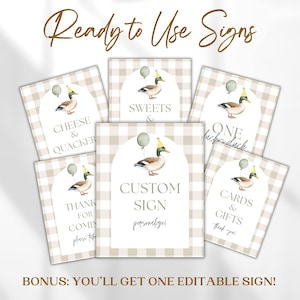May include: Printable signs featuring a cartoon duck wearing a party hat and holding a balloon. The signs have a brown and white gingham background and include text such as "Cheese & Quacker", "Sweets &", "One Lucky Duck", "Thank for Comin", "Custom Sign", and "Cards & Gifts".
