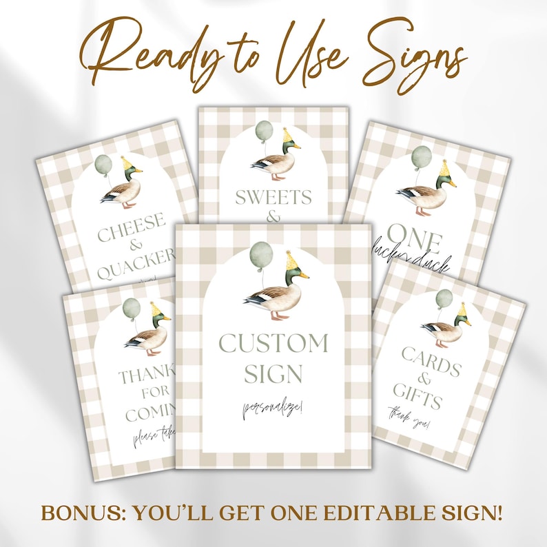 May include: Printable signs featuring a cartoon duck wearing a party hat and holding a balloon. The signs have a brown and white gingham background and include text such as "Cheese & Quacker", "Sweets &", "One Lucky Duck", "Thank for Comin", "Custom Sign", and "Cards & Gifts".