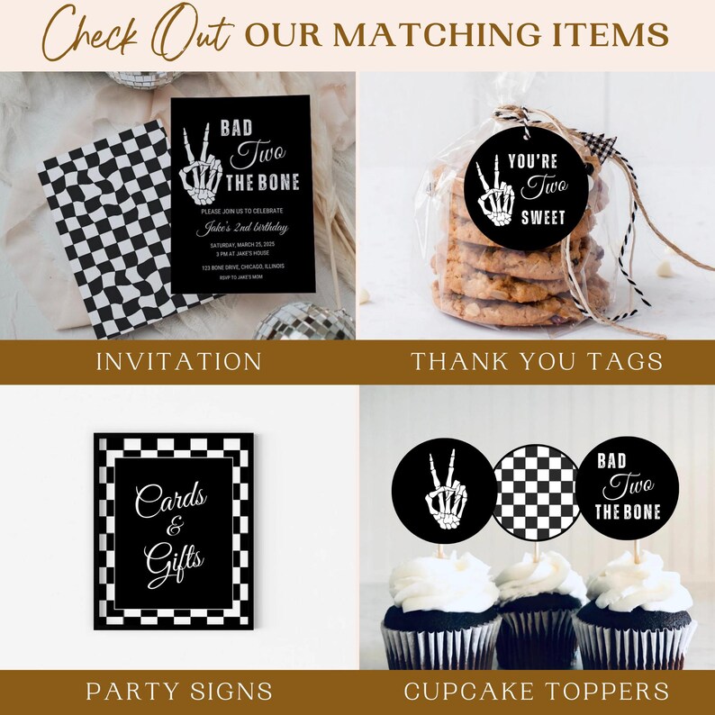 May include: A set of printable party decorations for a second birthday party with a black and white checkered pattern and skeleton hand graphic. The set includes an invitation, thank you tags, cupcake toppers, and a sign for cards and gifts. The text on the invitation reads "Bad Two the Bone". The text on the thank you tags reads "You're Two Sweet". The text on the cupcake toppers reads "Bad Two the Bone". The text on the sign for cards and gifts reads "Cards & Gifts".